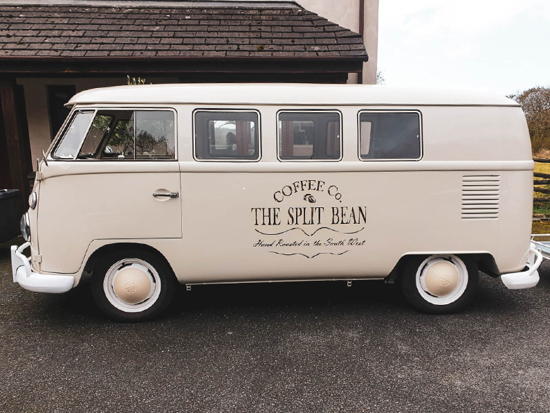 Side profile of a converted camper van to coffee van