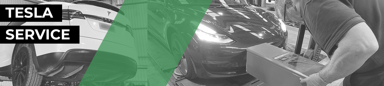 Tesla service Banner - white Tesla and Blue Tesla in car workshop for servicing